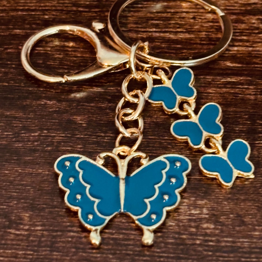 Blue Enamel Butterfly Keychain Gold Tone Lobster Clasp Bag Charm Accessory